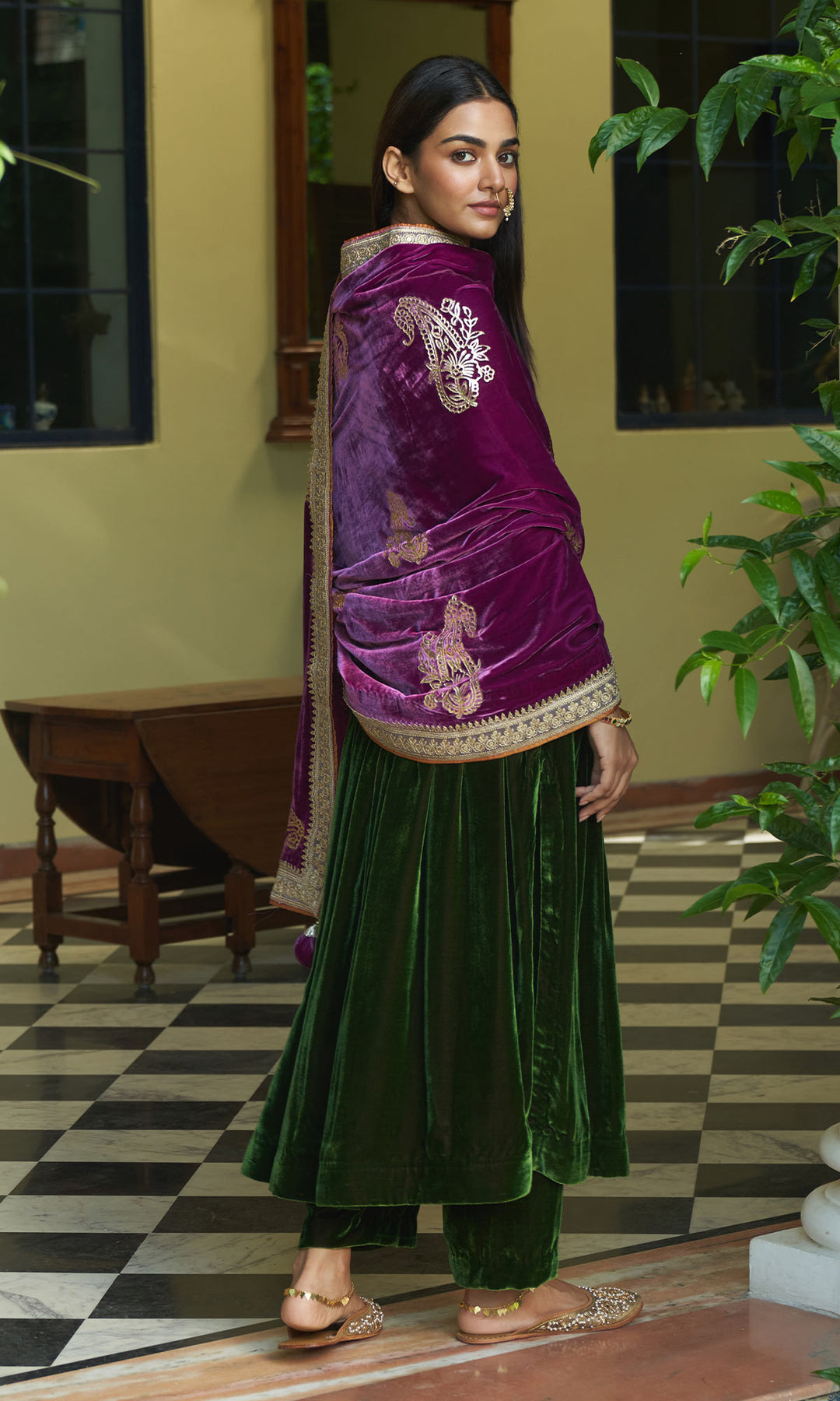 zooni foils olive green anarkali with palazzo and fuschia pink shawl sample5