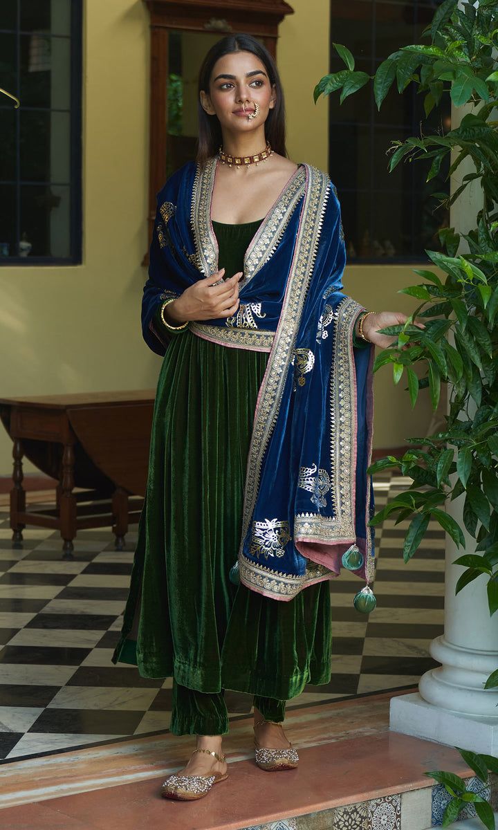 zooni foils olive green anarkali with palazzo and sapphire blue shawl sample1