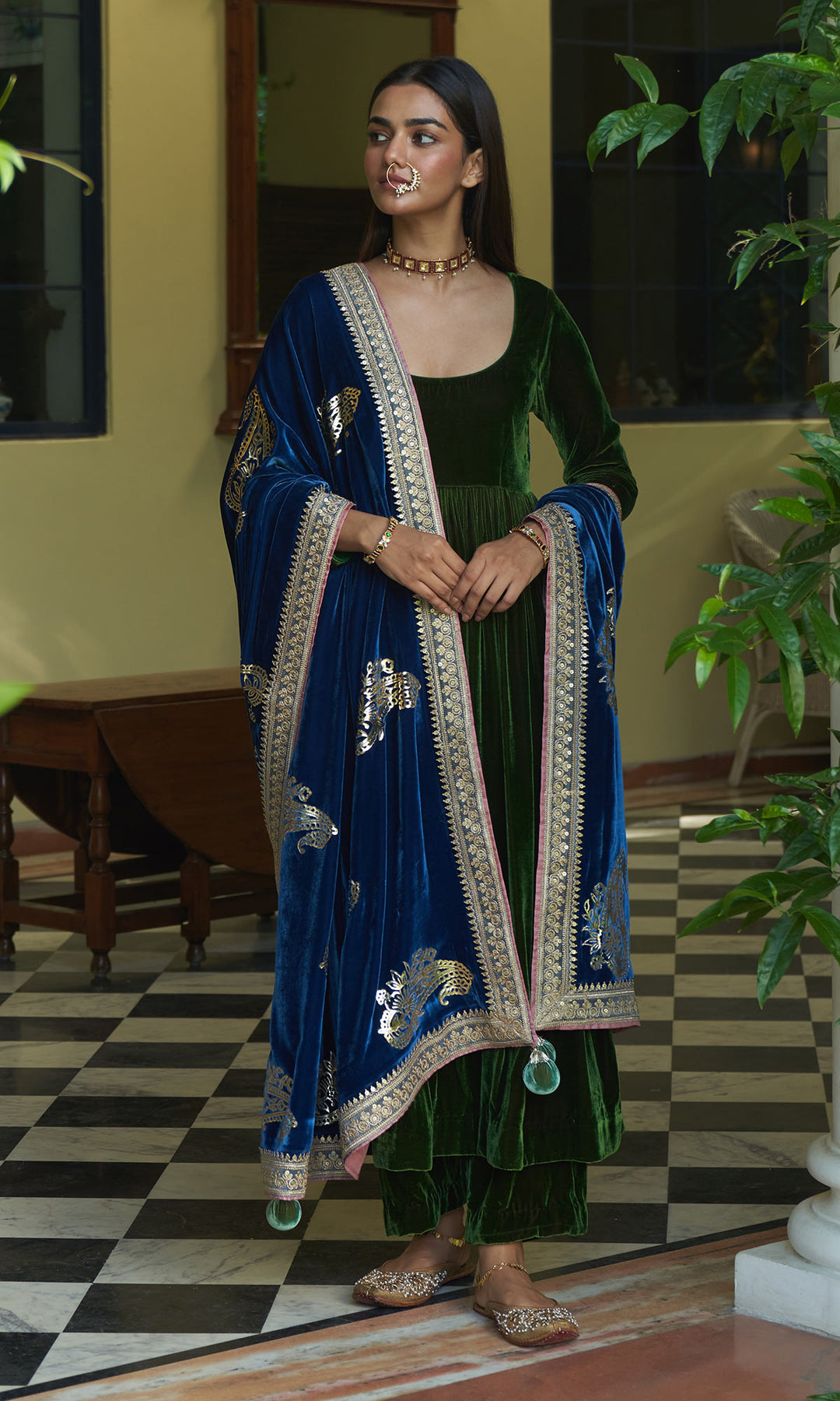 zooni foils olive green anarkali with palazzo and sapphire blue shawl sample2