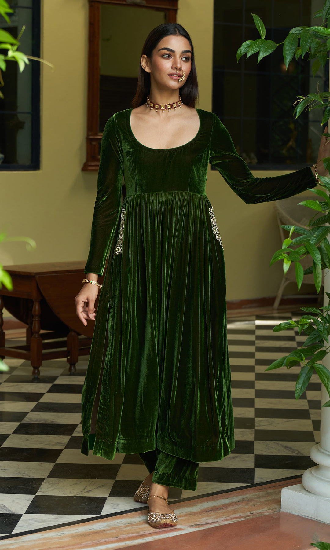 zooni foils olive green anarkali with palazzo and sapphire blue shawl sample3