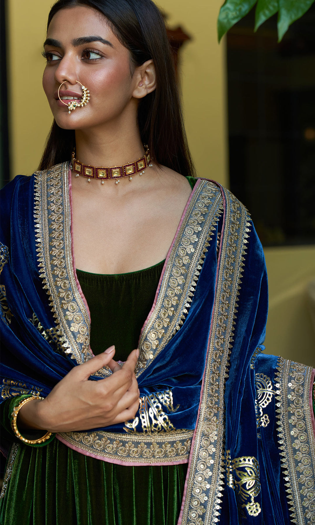 zooni foils olive green anarkali with palazzo and sapphire blue shawl sample4