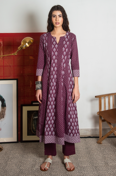 Ridhi Suri Maahru Wine Block Printed Kali Kurta With Straight Pant Set of 3