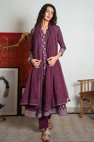 Ridhi Suri Maahru Wine Block Printed Kali Kurta With Straight Pant Set of 3