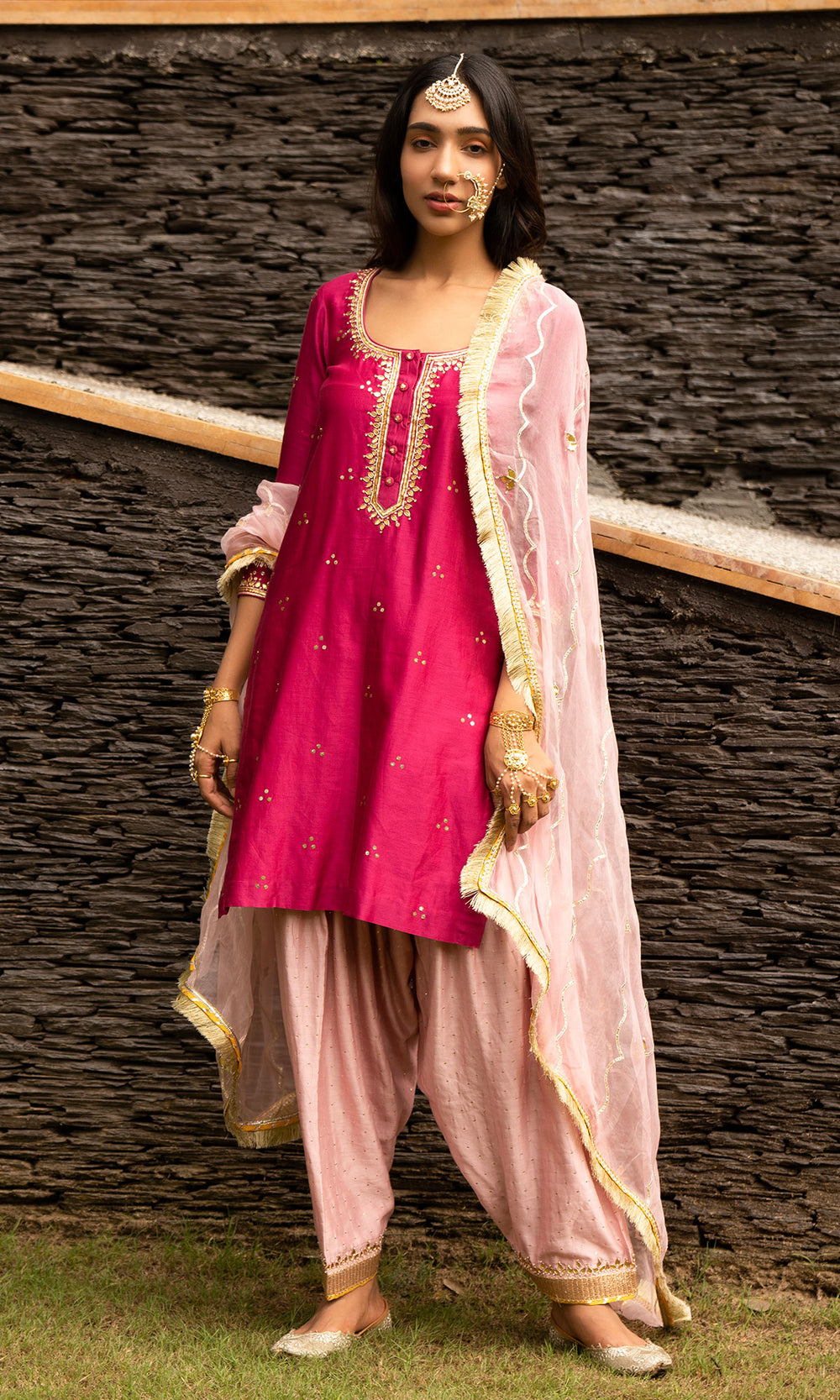 Ridhi Suri Jamaal Rani Pink Mukaish Chanderi Kurta with Soft Pink mukaish chanderi Salwar and Organza Dupatta - Set of 3