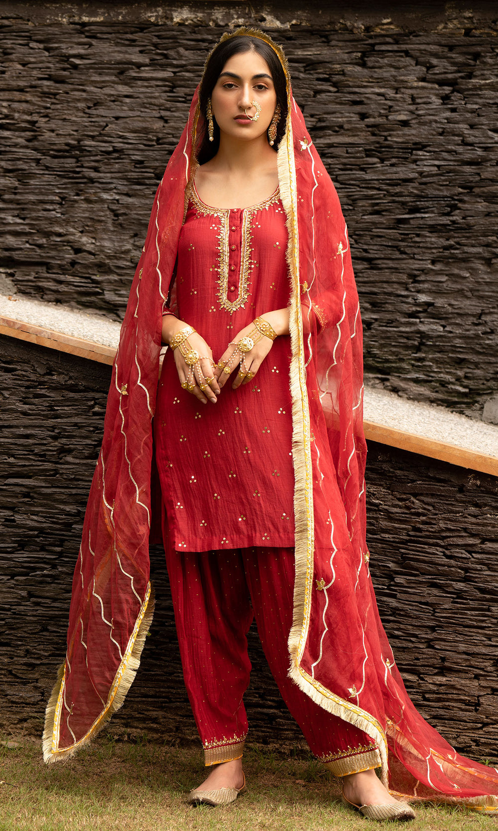 Ridhi Suri Jamaal Red Mukaish Chanderi Kurta with mukaish chanderi Salwar and  Gota Organza Dupatta - Set of 3