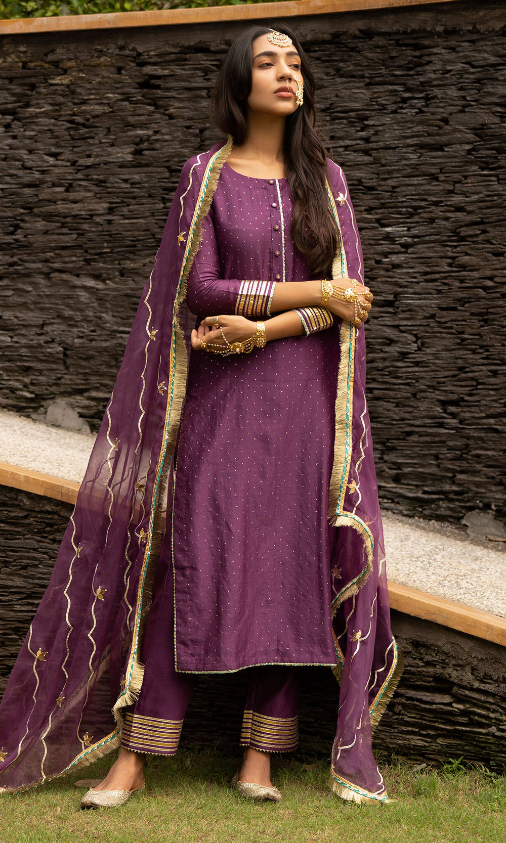 Ridhi Suri Jamaal Purple Mukaish Chanderi Kurta with mukaish chanderi Palazzo and organza Dupatta - Set of 3