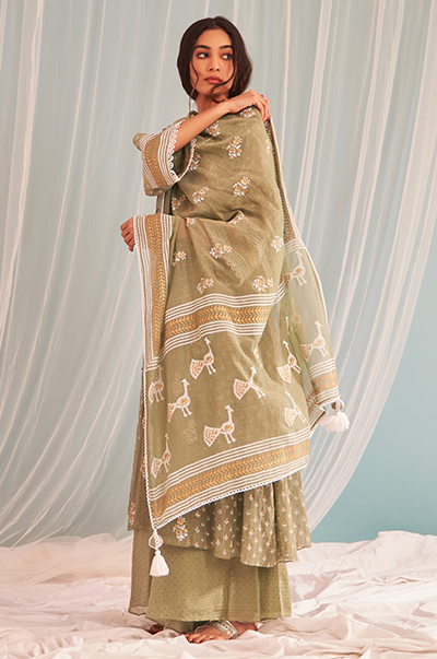 Ridhi Suri Saanjh Olive green Chanderi side gather kurta with wide palazzo and dupatta - Set of 3