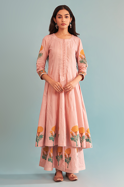 Ridhi Suri Just Cottons Pink block printed marigold kali kurta with kali palazzo and dupatta