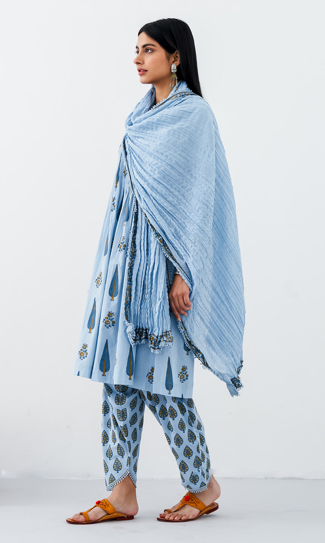 Kapaas Vol. 2 Powder Blue Block Printed Pintuck Kurta with Block Printed Salwar and Crinkle Dupatta - Set of 3