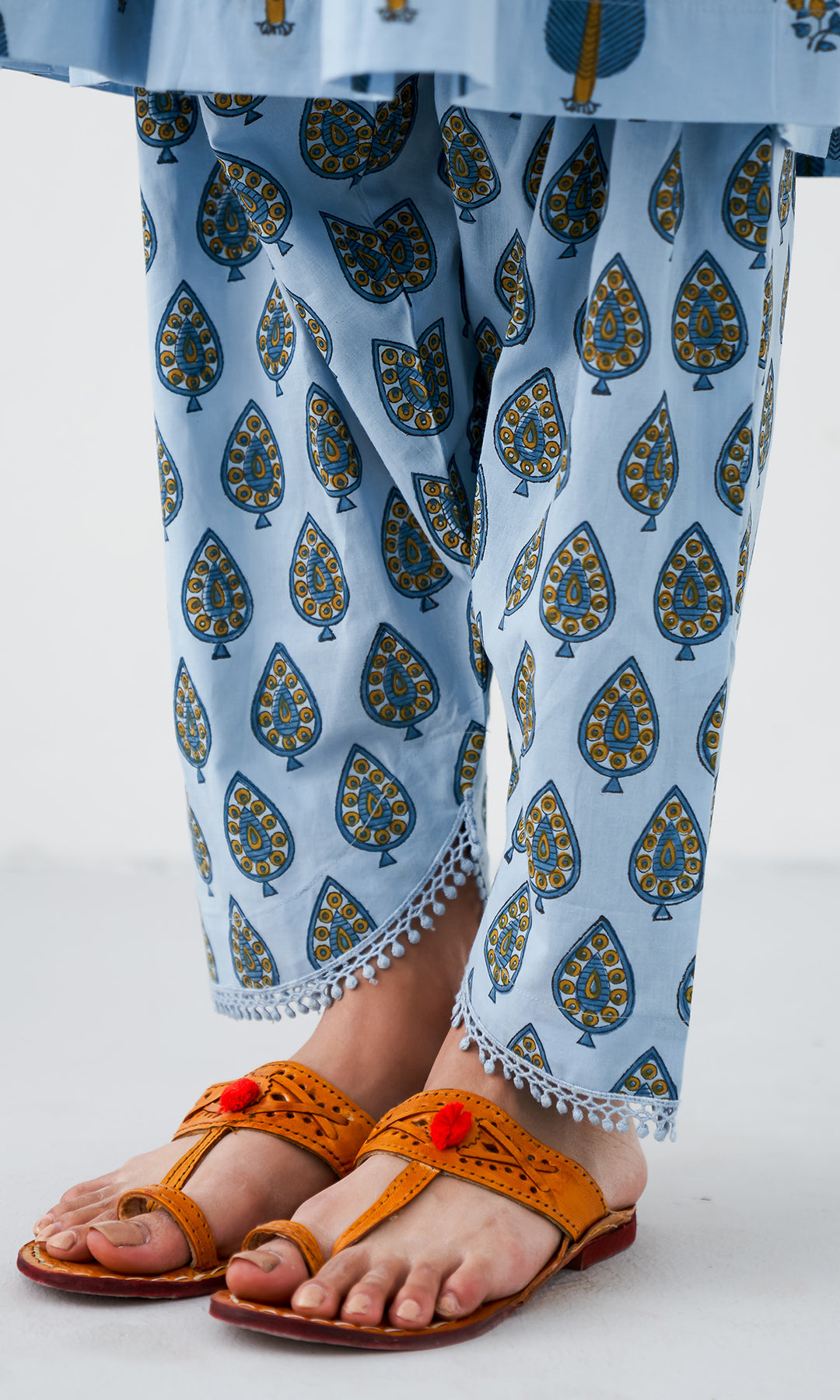 Kapaas Vol. 2 Powder Blue Block Printed Pintuck Kurta with Block Printed Salwar and Crinkle Dupatta - Set of 3