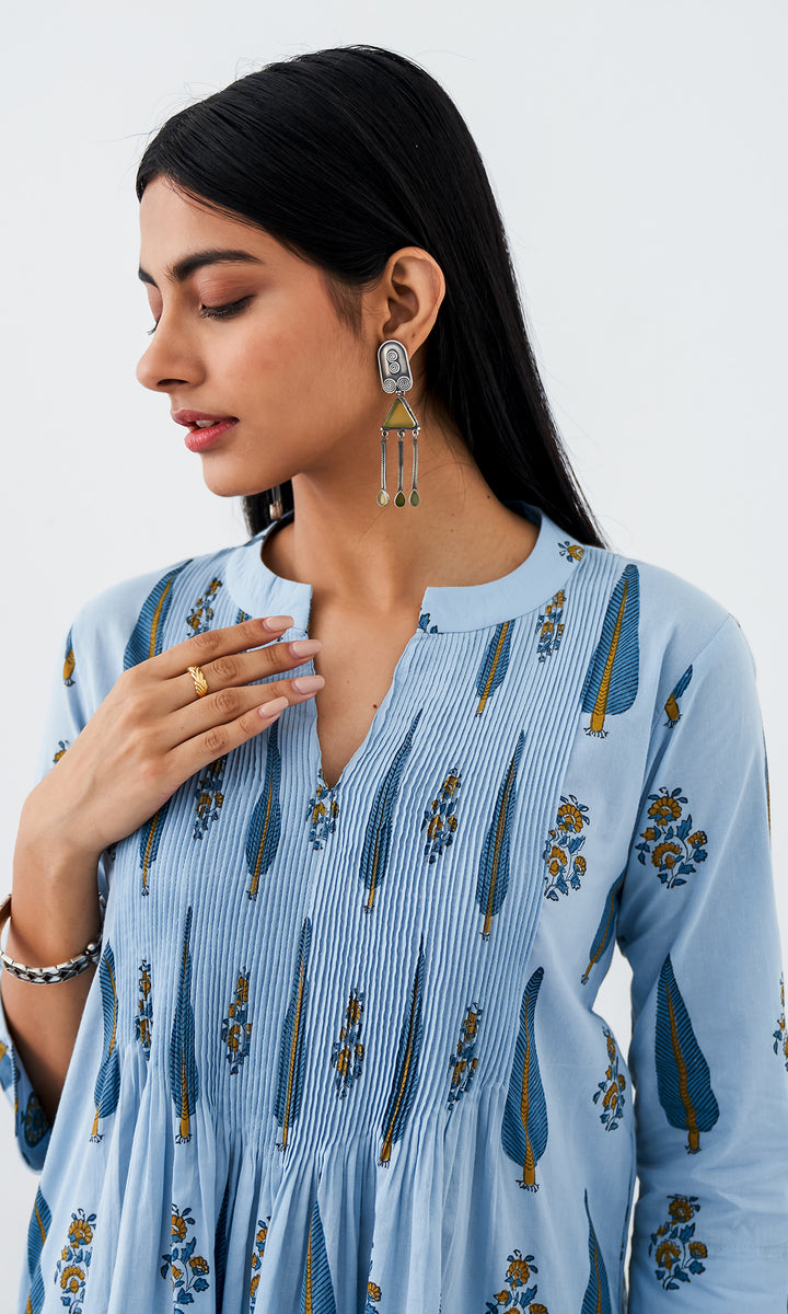 Kapaas Vol. 2 Powder Blue Block Printed Pintuck Kurta with Block Printed Salwar and Crinkle Dupatta - Set of 3