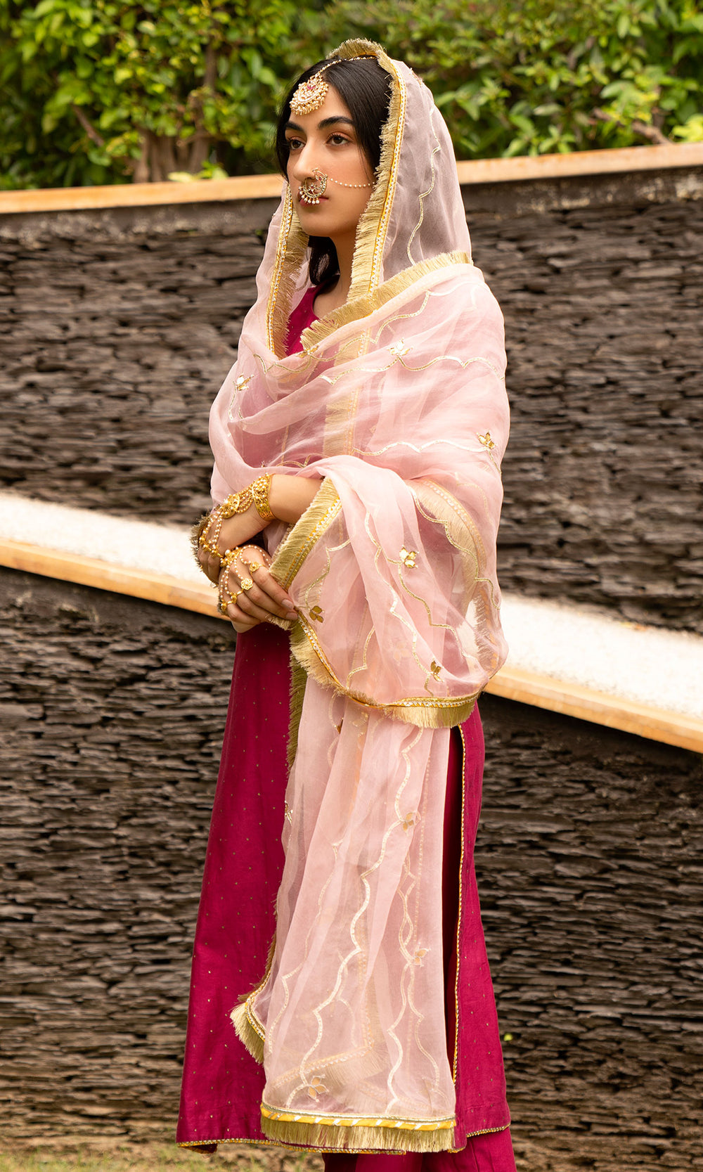 Ridhi Suri Jamaal Rani Pink Mukaish Chanderi Kurta with mukaish chanderi Palazzo and organza Dupatta - Set of 3