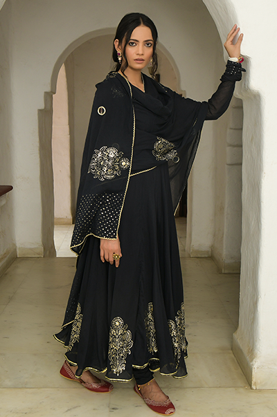 Ridhi Suri SE Black foil printed Anarkali with chooridar and dupatta- set of 3