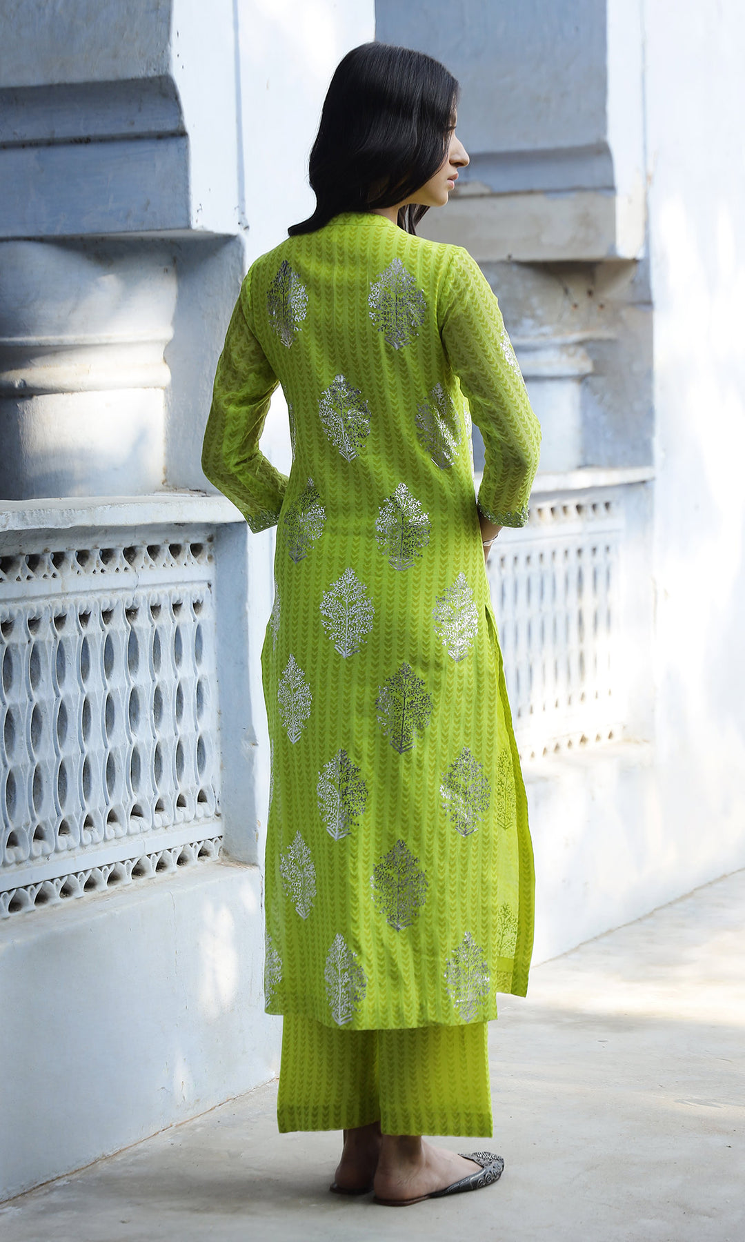 Summer Eid'23- Neon Green Foil Printed Straight Suit Set of 3