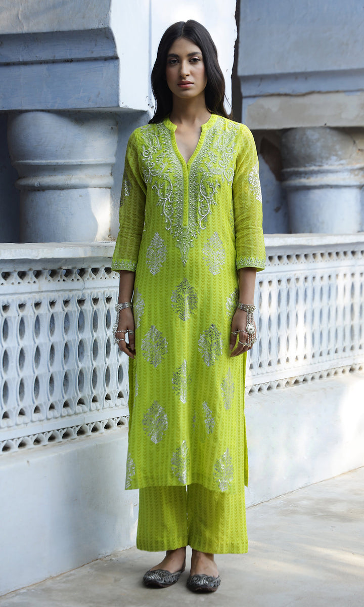 Summer Eid'23- Neon Green Foil Printed Straight Suit Set of 3