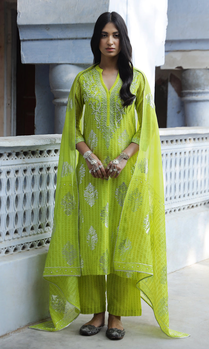 Summer Eid'23- Neon Green Foil Printed Straight Suit Set of 3
