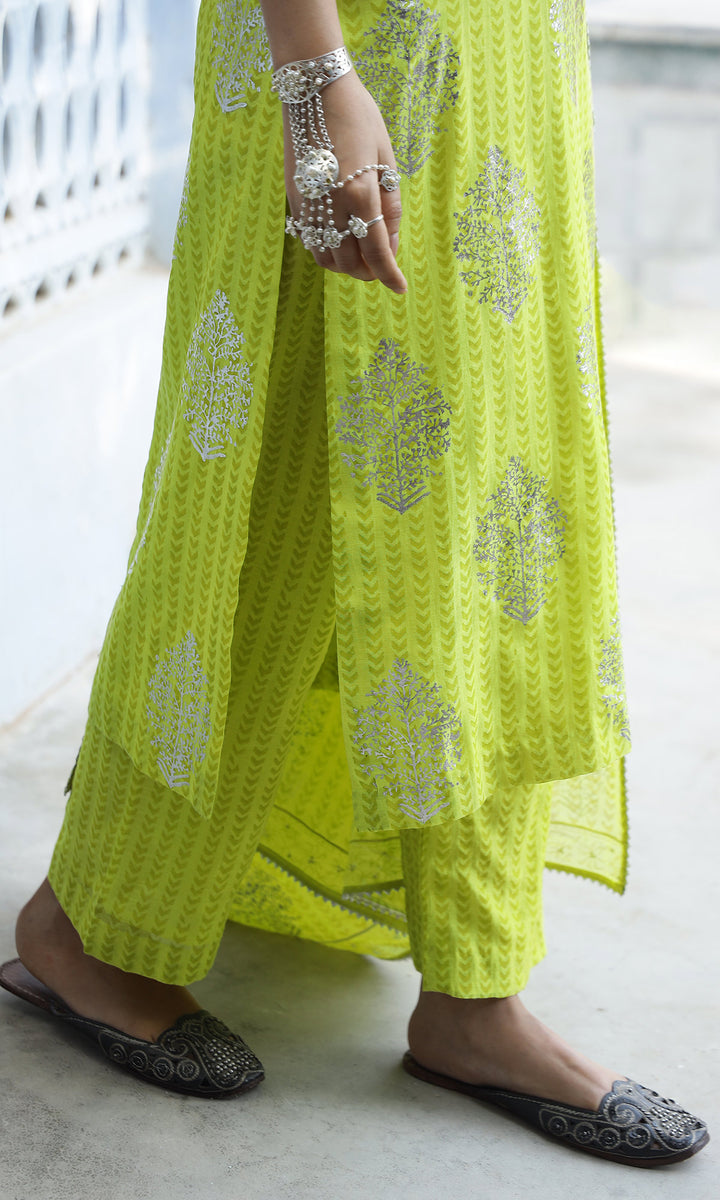 Summer Eid'23- Neon Green Foil Printed Straight Suit Set of 3