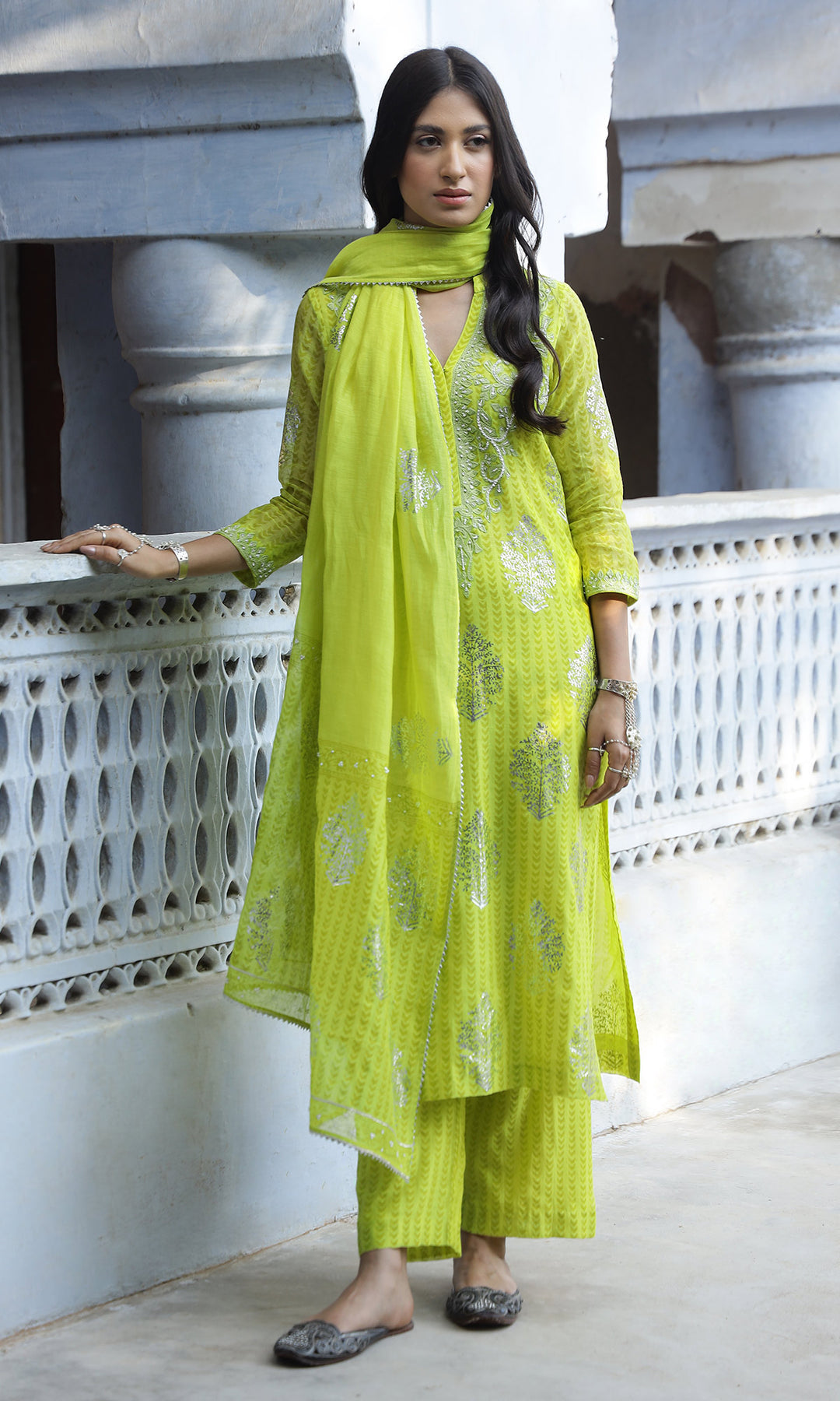 Summer Eid'23- Neon Green Foil Printed Straight Suit Set of 3