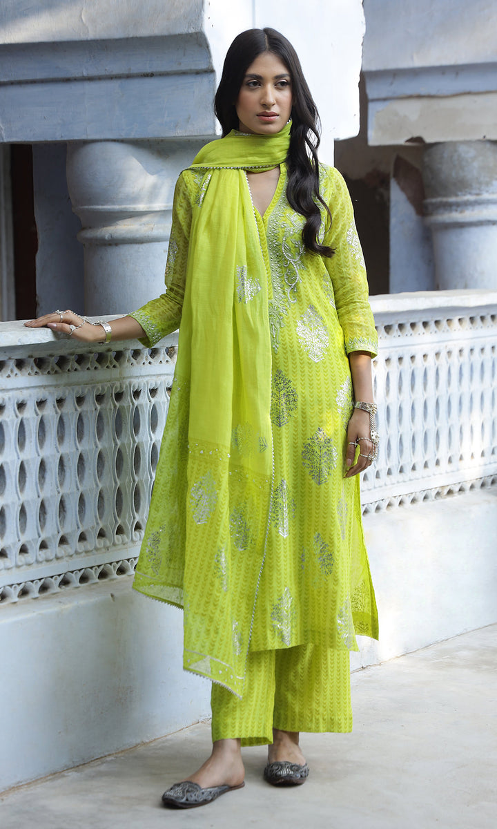 Summer Eid'23- Neon Green Foil Printed Straight Suit Set of 3