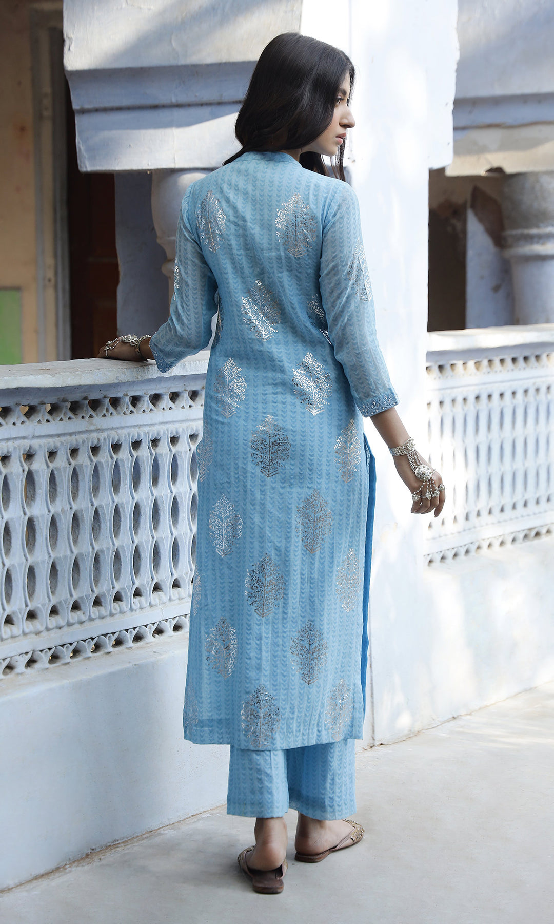 Summer Eid'23- Powder Blue Foil Printed Straight Suit Set of 3
