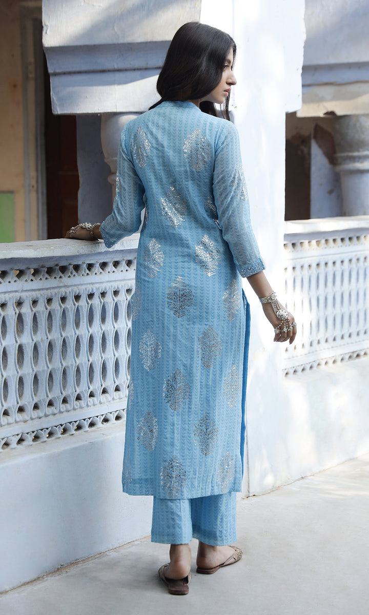 Summer Eid'23- Powder Blue Foil Printed Straight Suit Set of 3