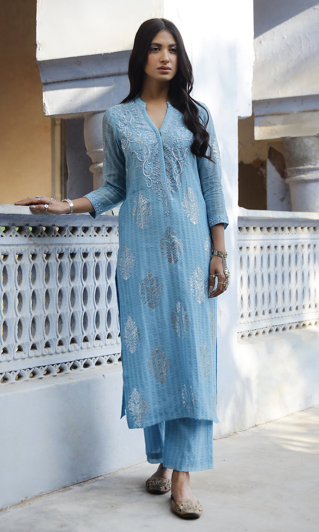 Summer Eid'23- Powder Blue Foil Printed Straight Suit Set of 3