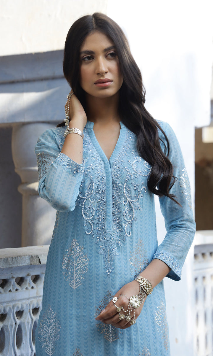 Summer Eid'23- Powder Blue Foil Printed Straight Suit Set of 3
