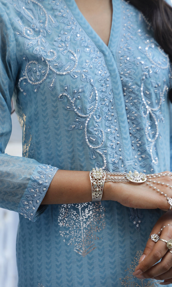 Summer Eid'23- Powder Blue Foil Printed Straight Suit Set of 3