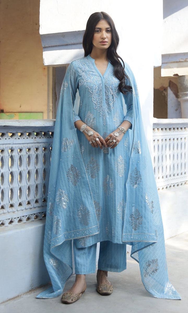 Summer Eid'23- Powder Blue Foil Printed Straight Suit Set of 3
