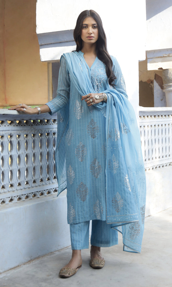 Summer Eid'23- Powder Blue Foil Printed Straight Suit Set of 3