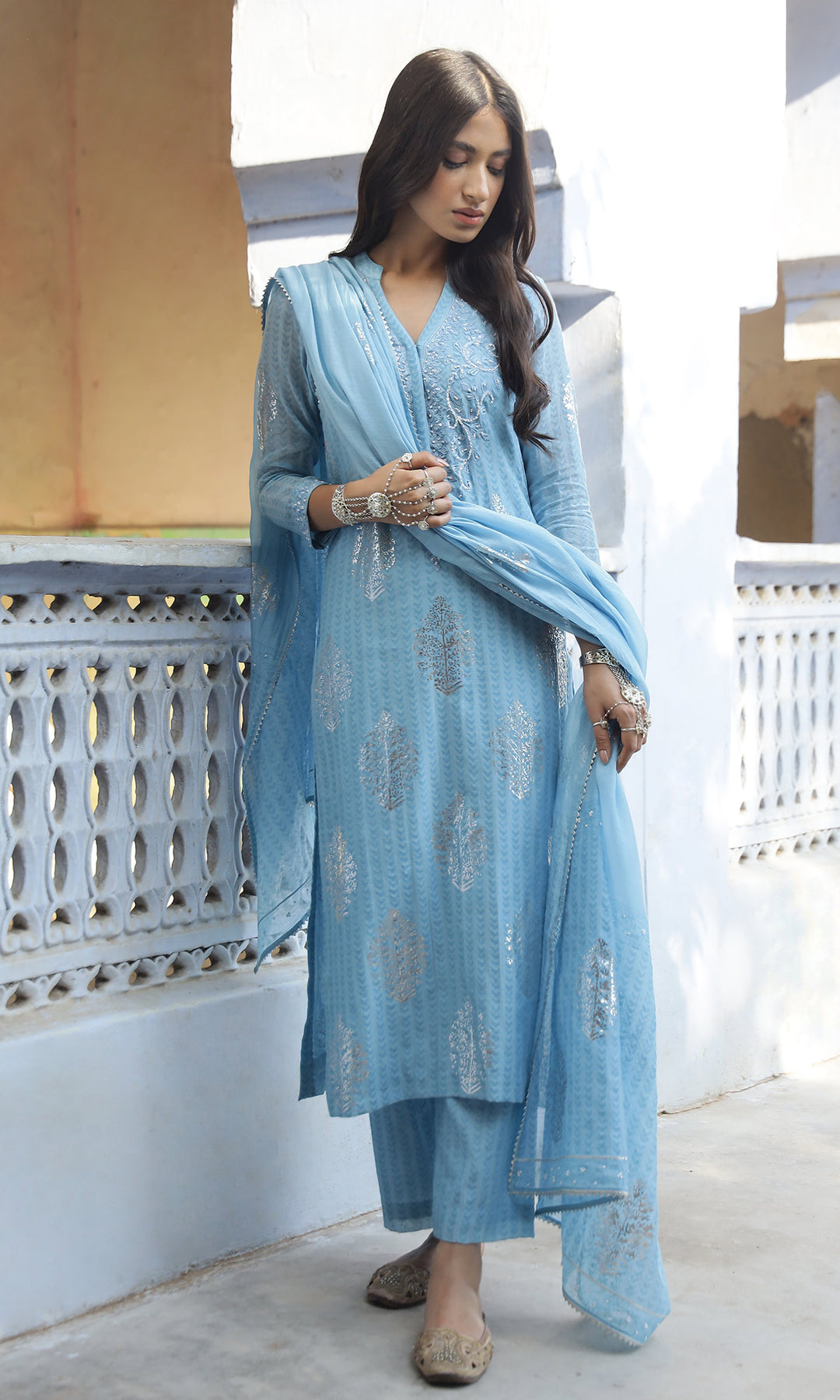 Summer Eid'23- Powder Blue Foil Printed Straight Suit Set of 3