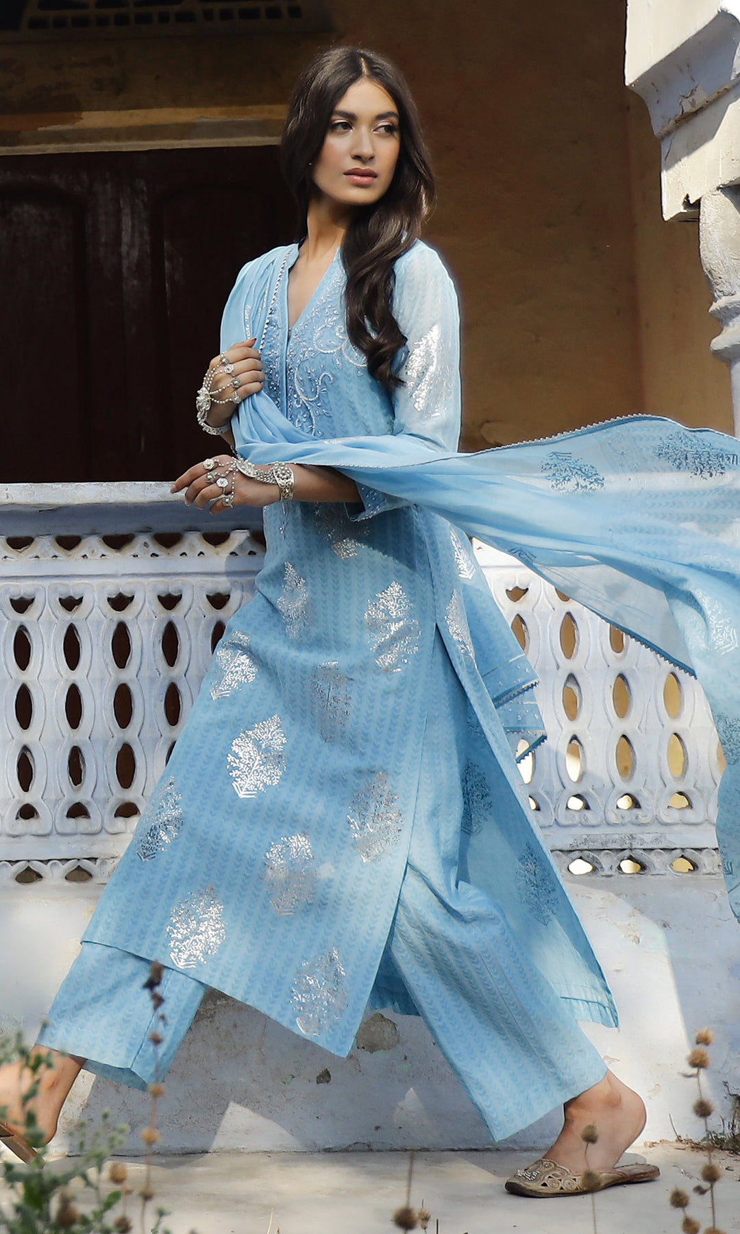 Summer Eid'23- Powder Blue Foil Printed Straight Suit Set of 3
