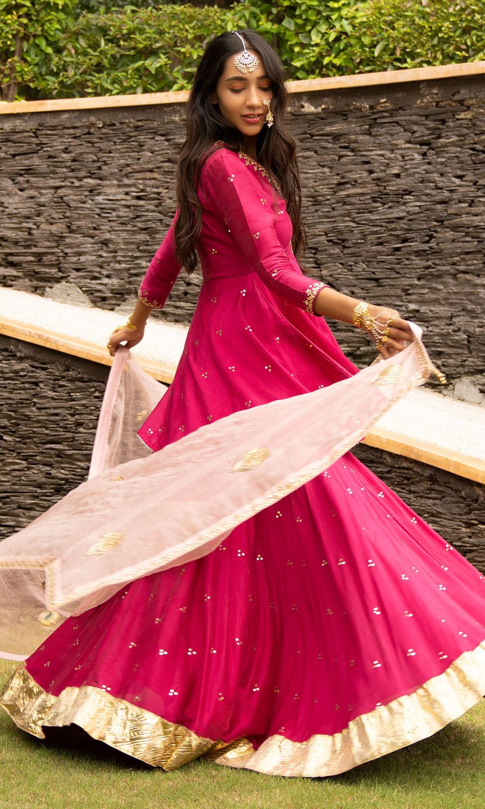 Ridhi Suri Jamaal Rani Pink Mukaish Chanderi Kurta with mukaish chanderi Lehenga and Organza Dupatta - Set of 3