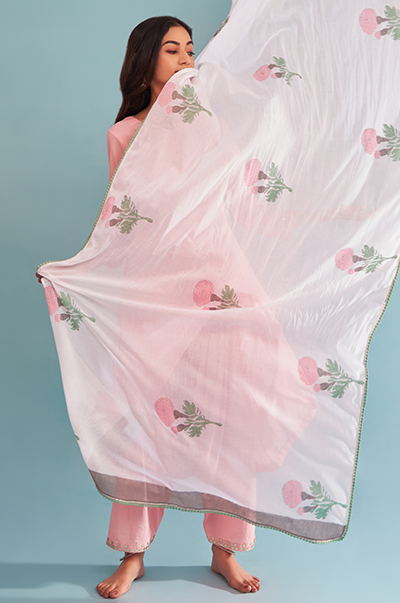 Ridhi Suri Just Cottons Light Pink kurta with salwar and marigold dupatta