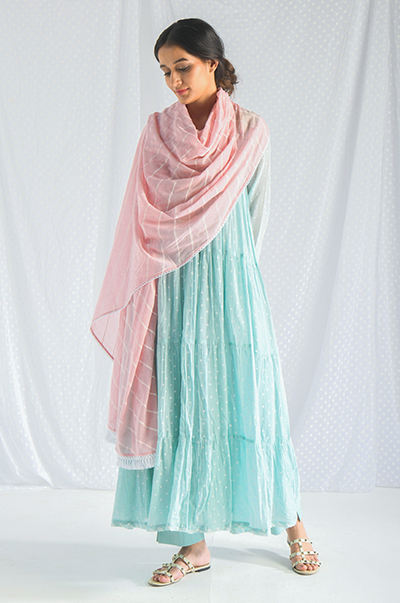 Ridhi Suri Chhaya Mint Green dot printed Anarkali with Pant and Lehariya Dupatta- Set of 3