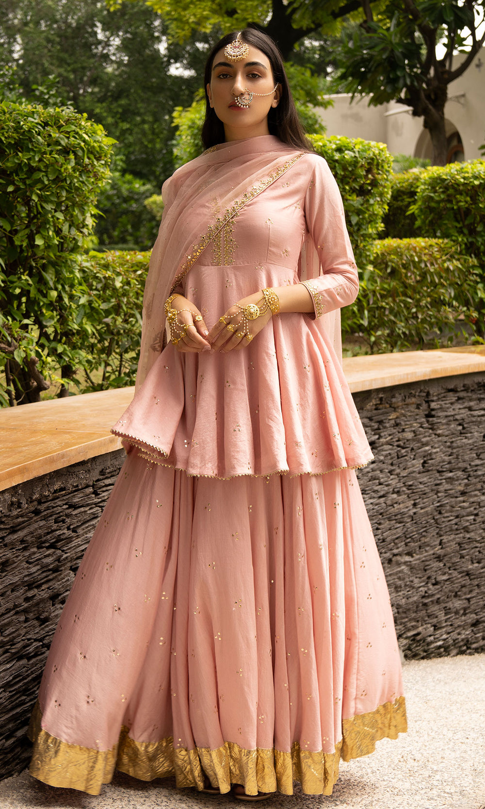 Ridhi Suri Jamaal Soft Pink Mukaish Chanderi Kurta with mukaish chanderi Lehenga and Organza Dupatta - Set of 3
