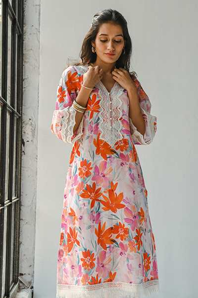 Ridhi Suri Hayat Orange-White floral print kurta with Fringe lace Salwar - Set of 2