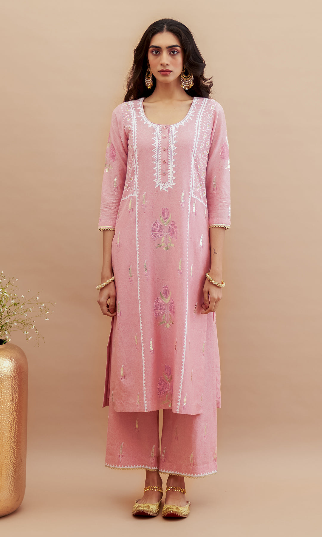 Rumi foils - Dusty Pink block printed kurta with palazzo and dupatta - set of 3