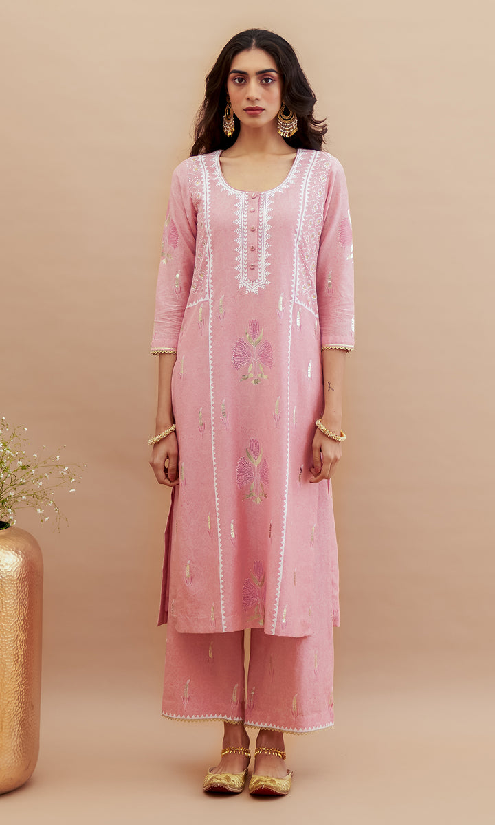 Rumi foils - Dusty Pink block printed kurta with palazzo and dupatta - set of 3