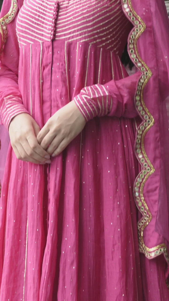 Jamaal Rani Pink Mukaish Chanderi Anarkali with Palazzo and Organza Dupatta- Set of 3