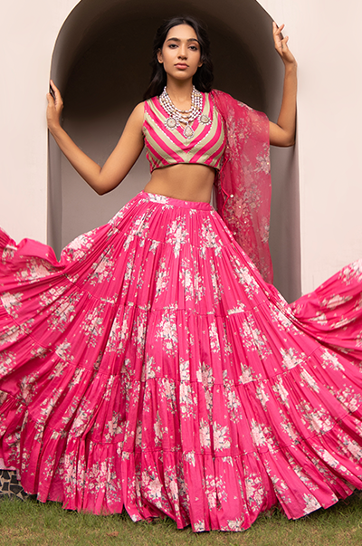 Ridhi Suri Falak Rani Pink Floral print Gathered Lehenga with stripe blouse and Dupatta- Set of 3