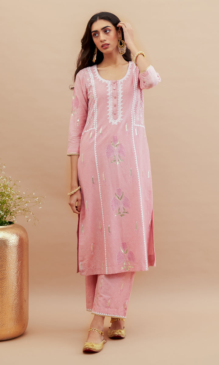 Rumi foils - Dusty Pink block printed kurta with palazzo and dupatta - set of 3