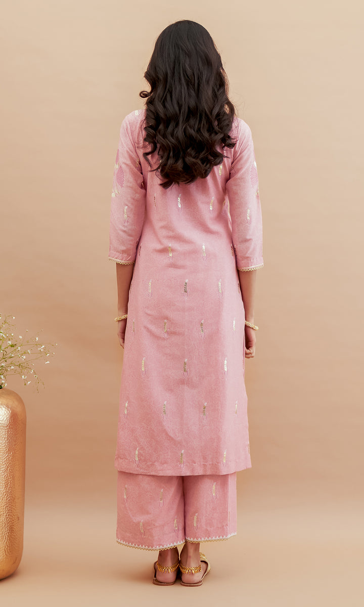 Rumi foils - Dusty Pink block printed kurta with palazzo and dupatta - set of 3