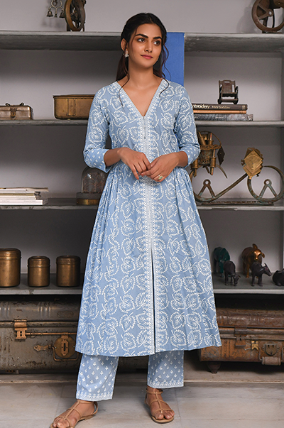 Ridhi Suri Feriha Blue Side Gather Kurta with Palazzo Set of -2