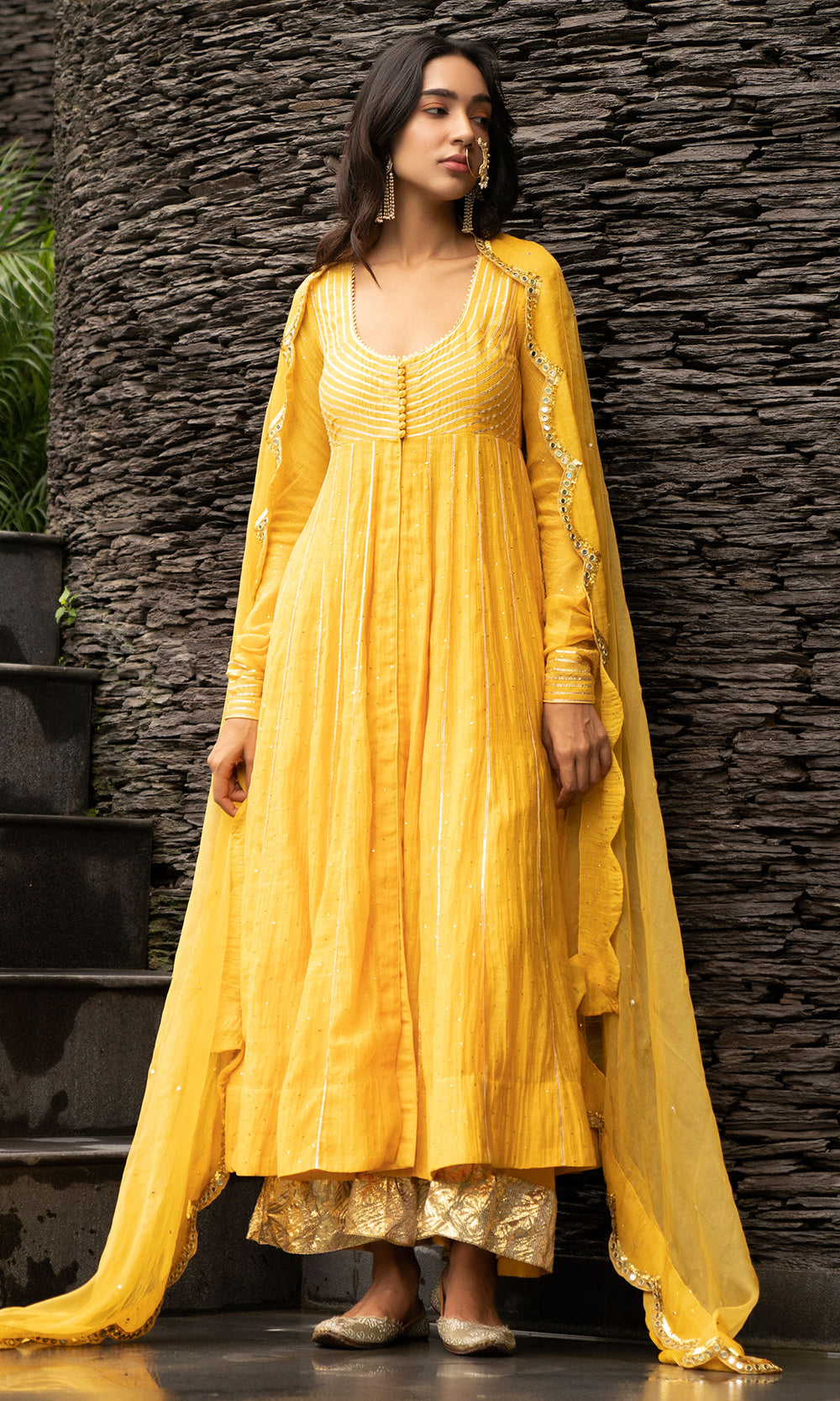 Ridhi Suri Jamaal Yellow Mukaish Chanderi Anarkali with Palazzo and Organza Dupatta- Set of 3