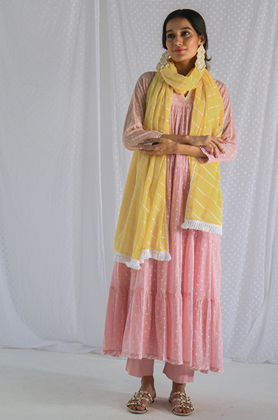 Ridhi Suri Chhaya Soft Pink Dot Printed Anarkali with Pant and Lehariya Dupatta- Set of 3