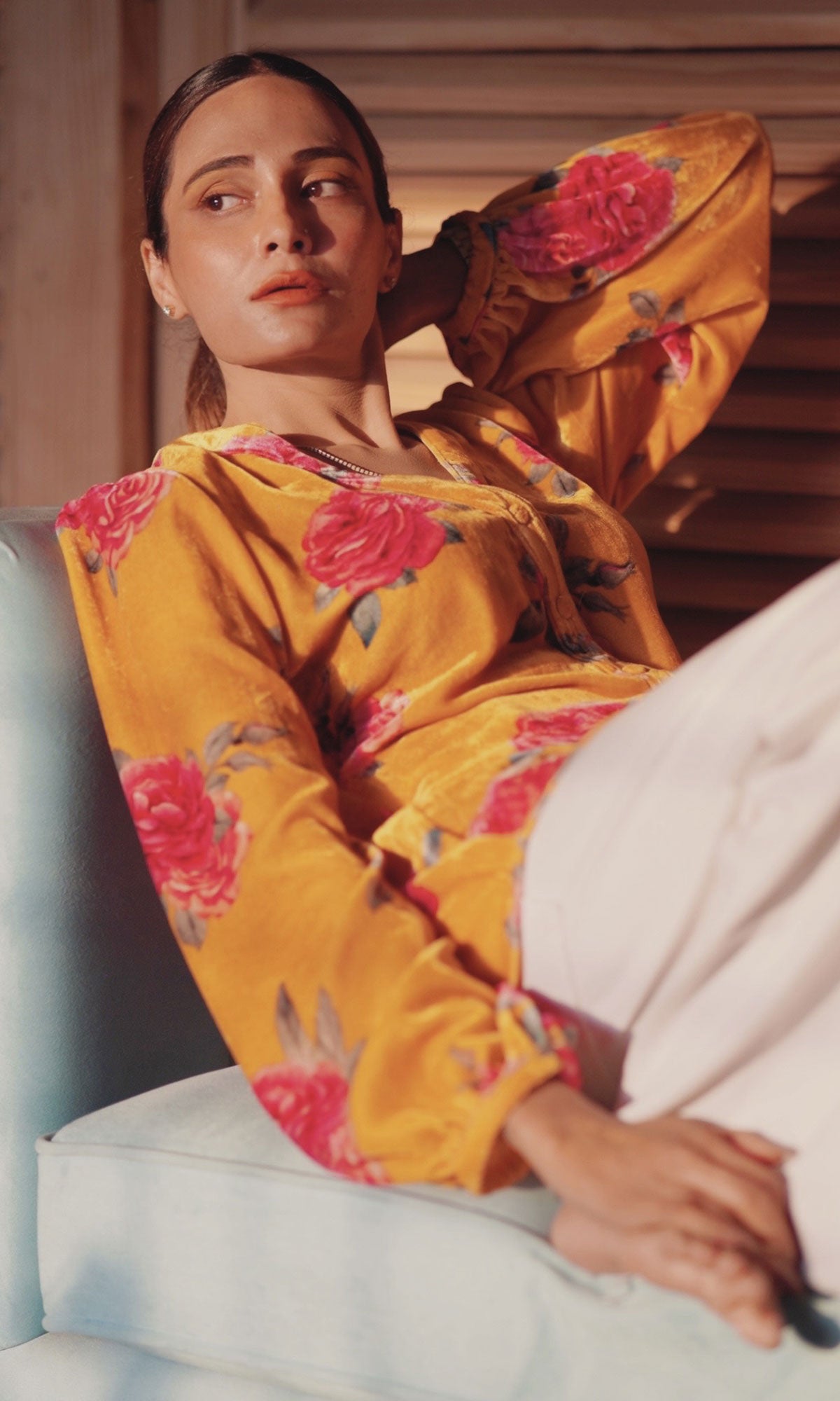 Tina Rathore in Mustard Floral Velvet Shirt – Ridhiiee Suuri