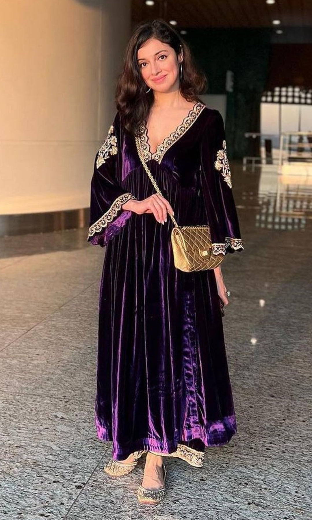Divya Khosla Kumar in Khizaan Embroidered Purple V Neck velvet