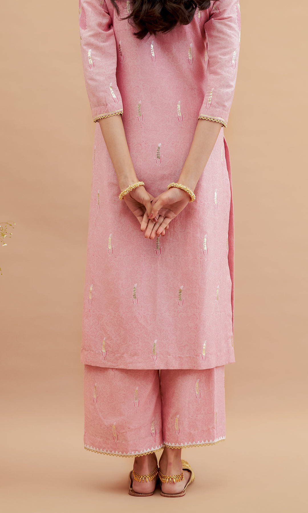 Rumi foils - Dusty Pink block printed kurta with palazzo and dupatta - set of 3