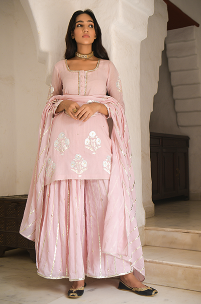 Ridhi Suri SE Soft Pink foil printed short kurta with flared sharara and dupatta -set of 3